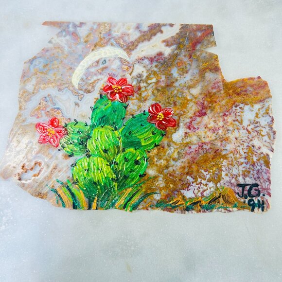 Vtg Hand-Painted Cactus Artwork On Natural Stone Moss Agate Slab With wood Stand - Picture 2 of 4